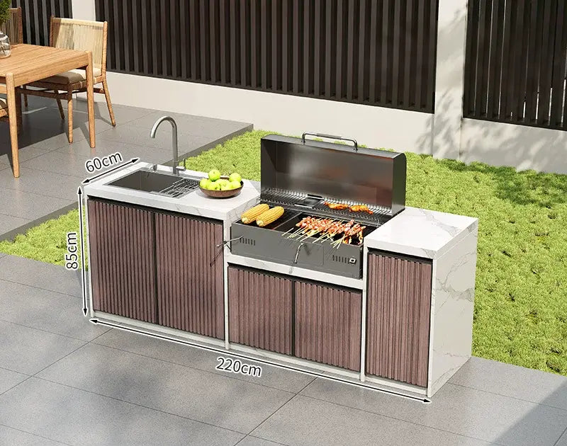 Villa Outdoor Kitchen Workstation Stone Countertop BBQ & Sink with Aluminum Cabinets OKC-108