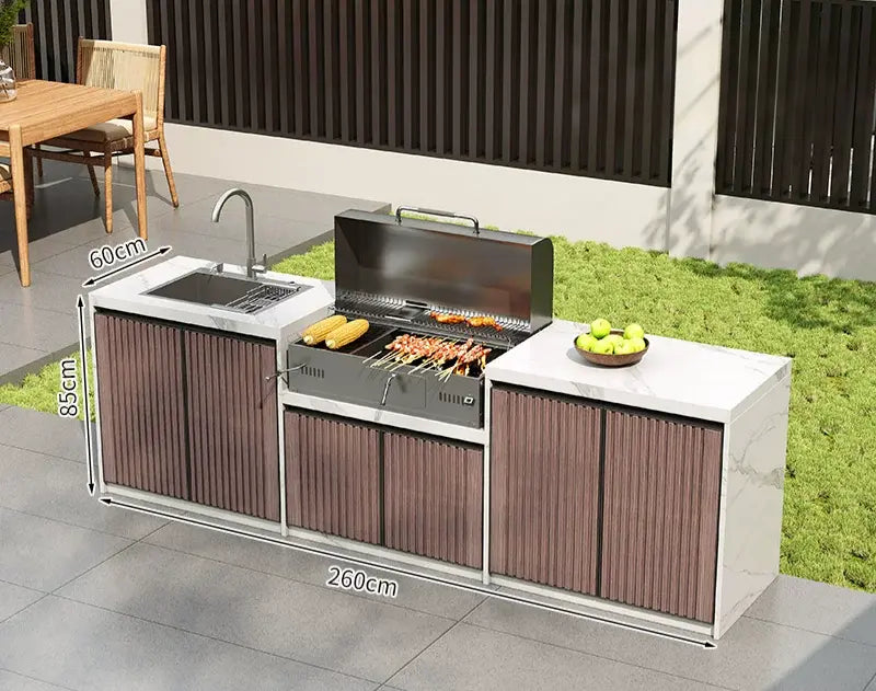 Villa Outdoor Kitchen Workstation Stone Countertop BBQ & Sink with Aluminum Cabinets OKC-108