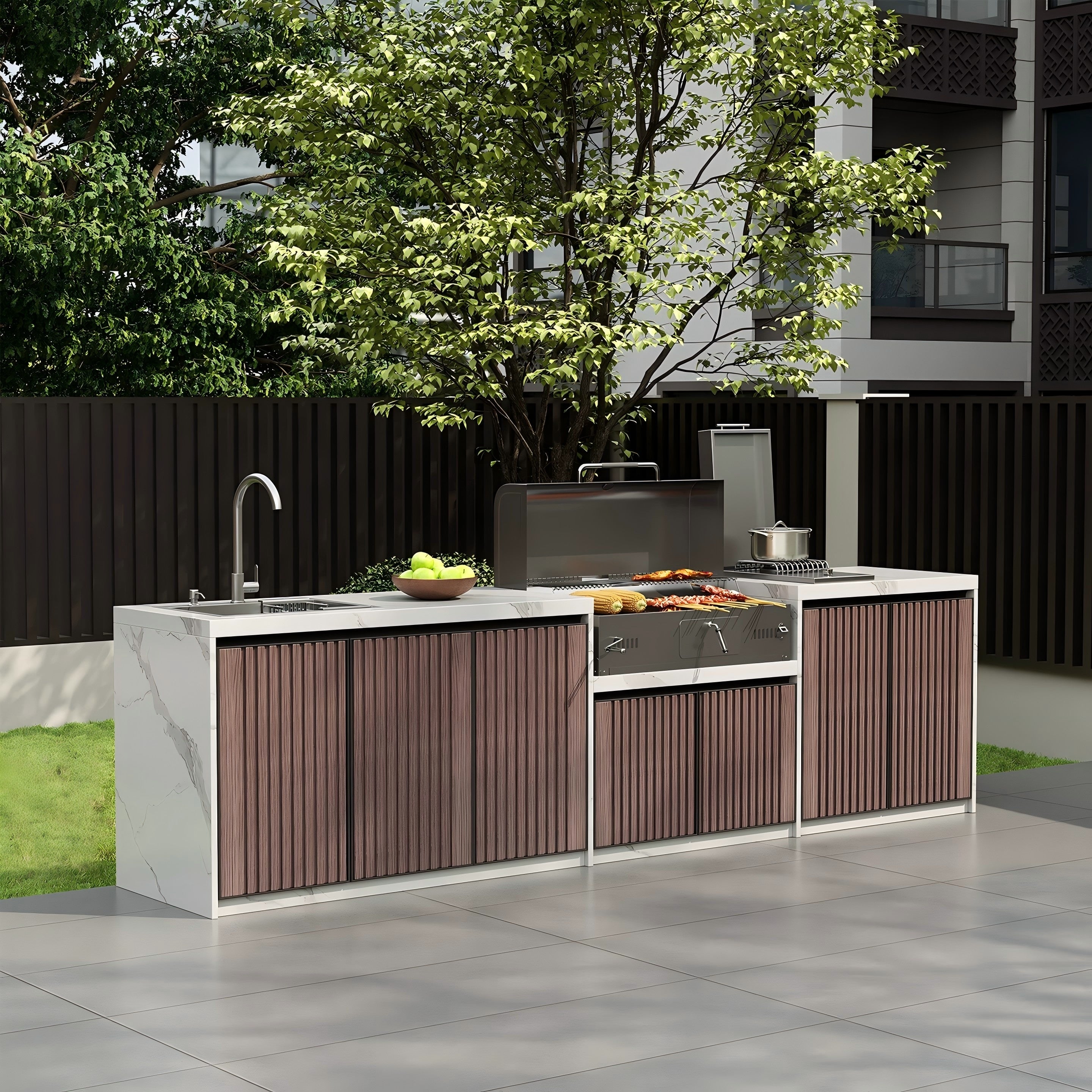 Villa Outdoor Kitchen Workstation Stone Countertop BBQ & Sink with Aluminum Cabinets OKC-108