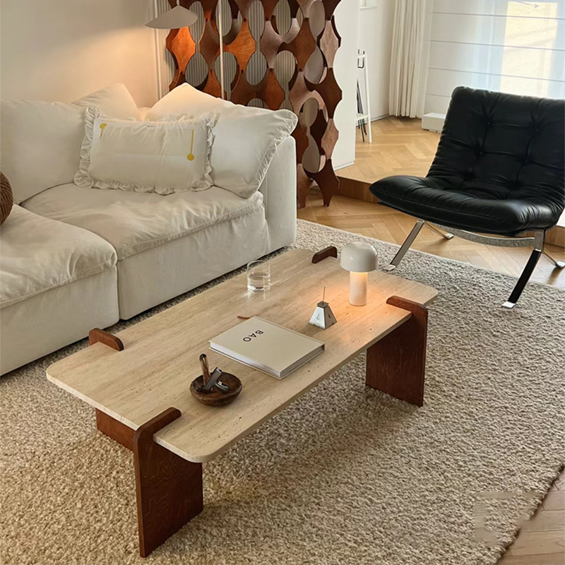 Interlocking Wood Design Sculptural Travertine Coffee Table CT-105