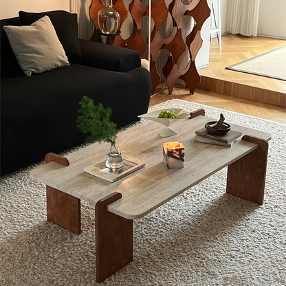 Interlocking Wood Design Sculptural Travertine Coffee Table CT-105