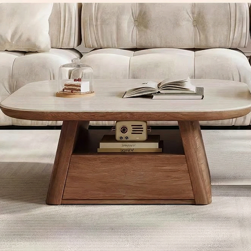 Mid-Century Modern Travertine Coffee Table: Minimalist Cream Stone Center Table with Integrated Storage Drawer CT-104