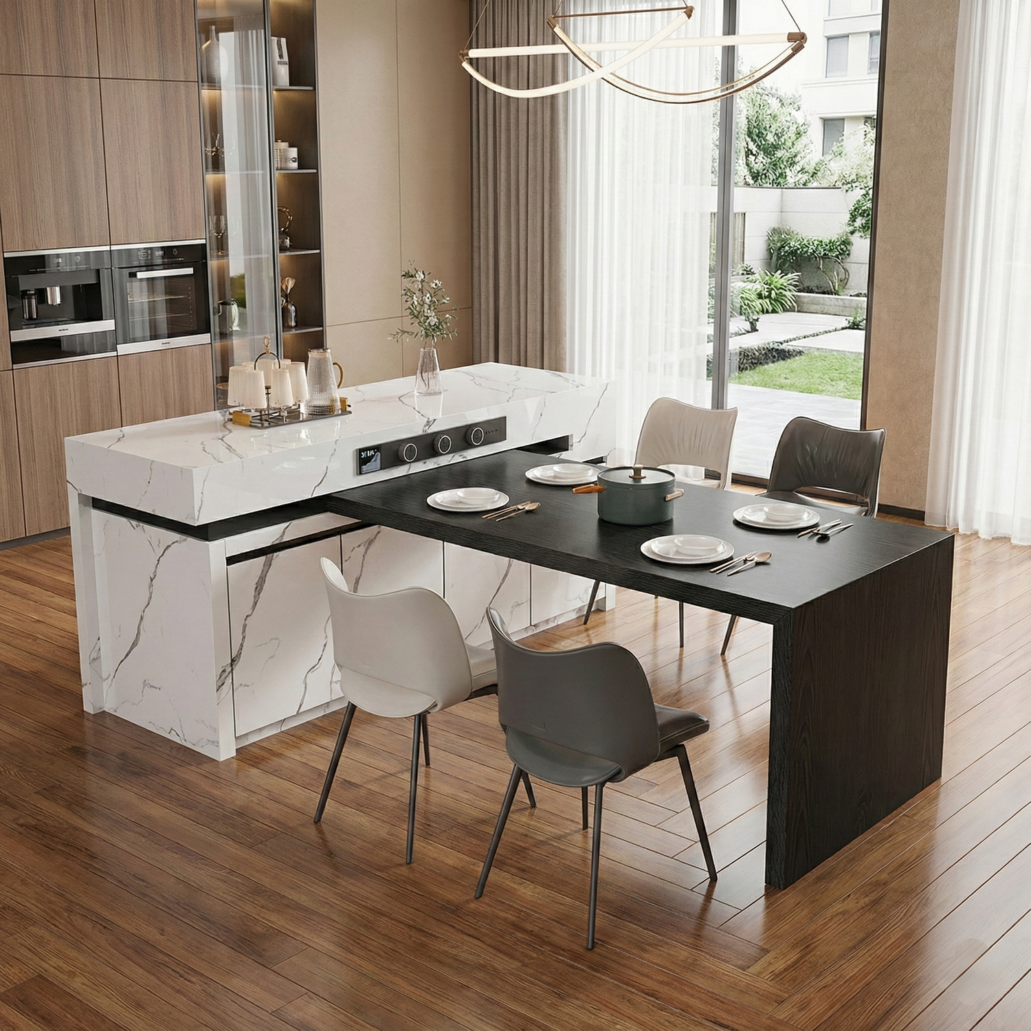 Rotating, Extendable, Flush-Mounted Sintered Stone Top Island Table IT-117