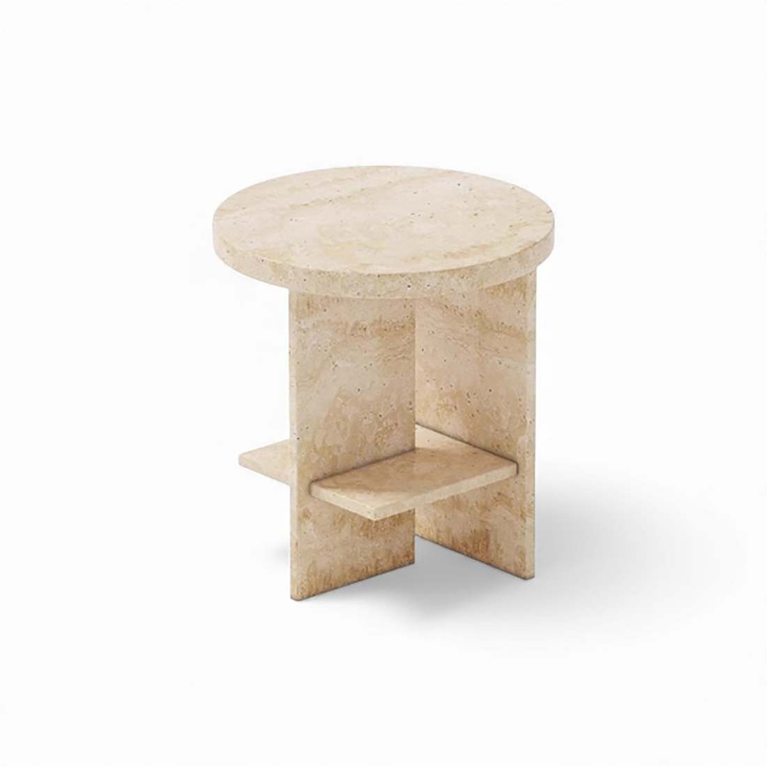 Travertine Round Bedside Table with Storage | Natural Stone Side Table ST-106