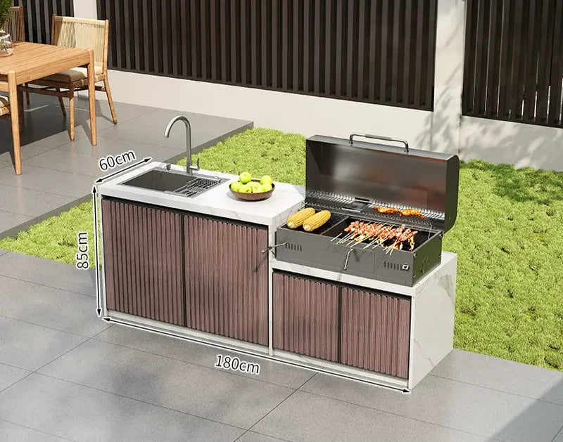 Villa Outdoor Kitchen Workstation Stone Countertop BBQ &amp; Sink with Aluminum Cabinets OKC-108