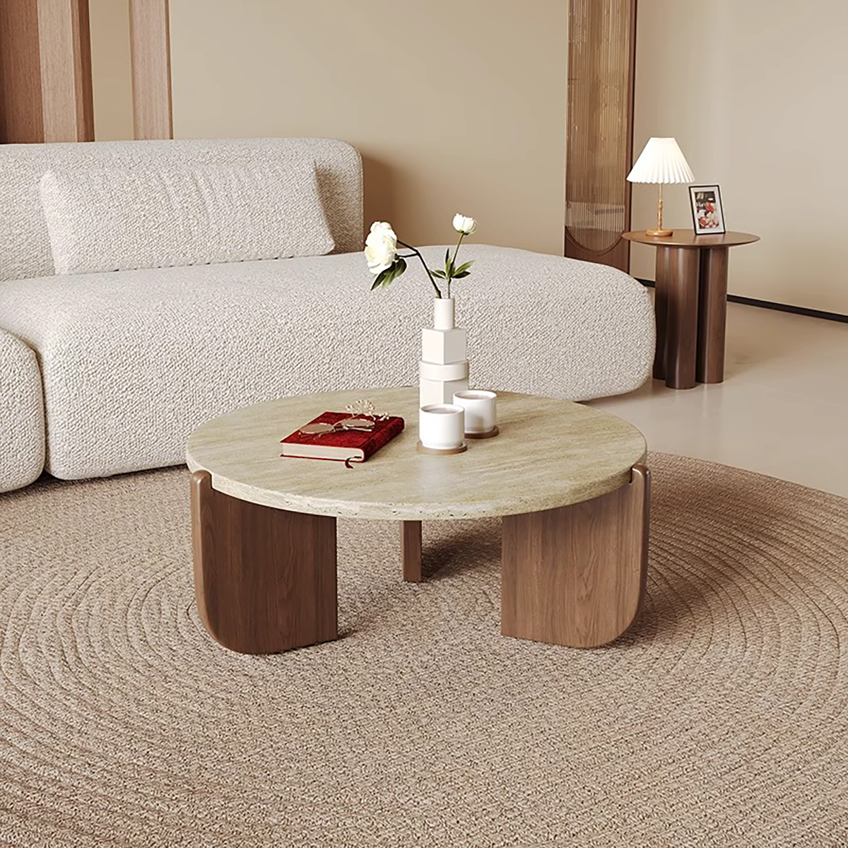 Round Travertine Marble Coffee Table for Small Living Spaces CT-102