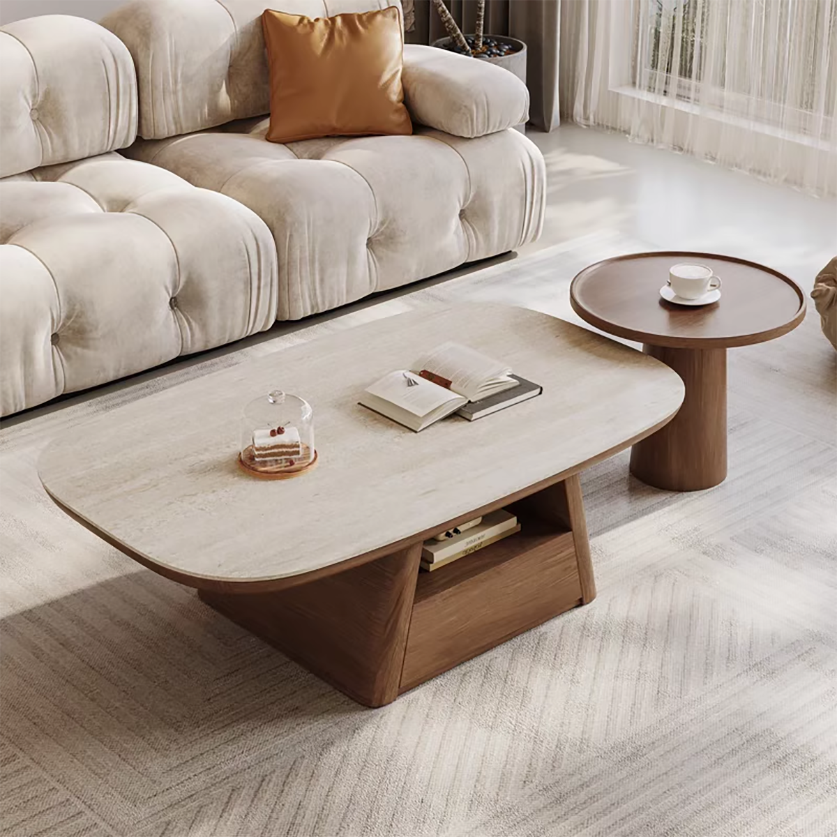 Mid-Century Modern Travertine Coffee Table: Minimalist Cream Stone Center Table with Integrated Storage Drawer CT-104