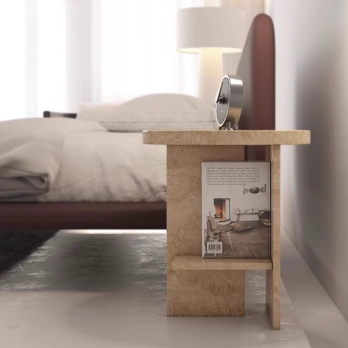 Travertine Round Bedside Table with Storage | Natural Stone Side Table ST-106