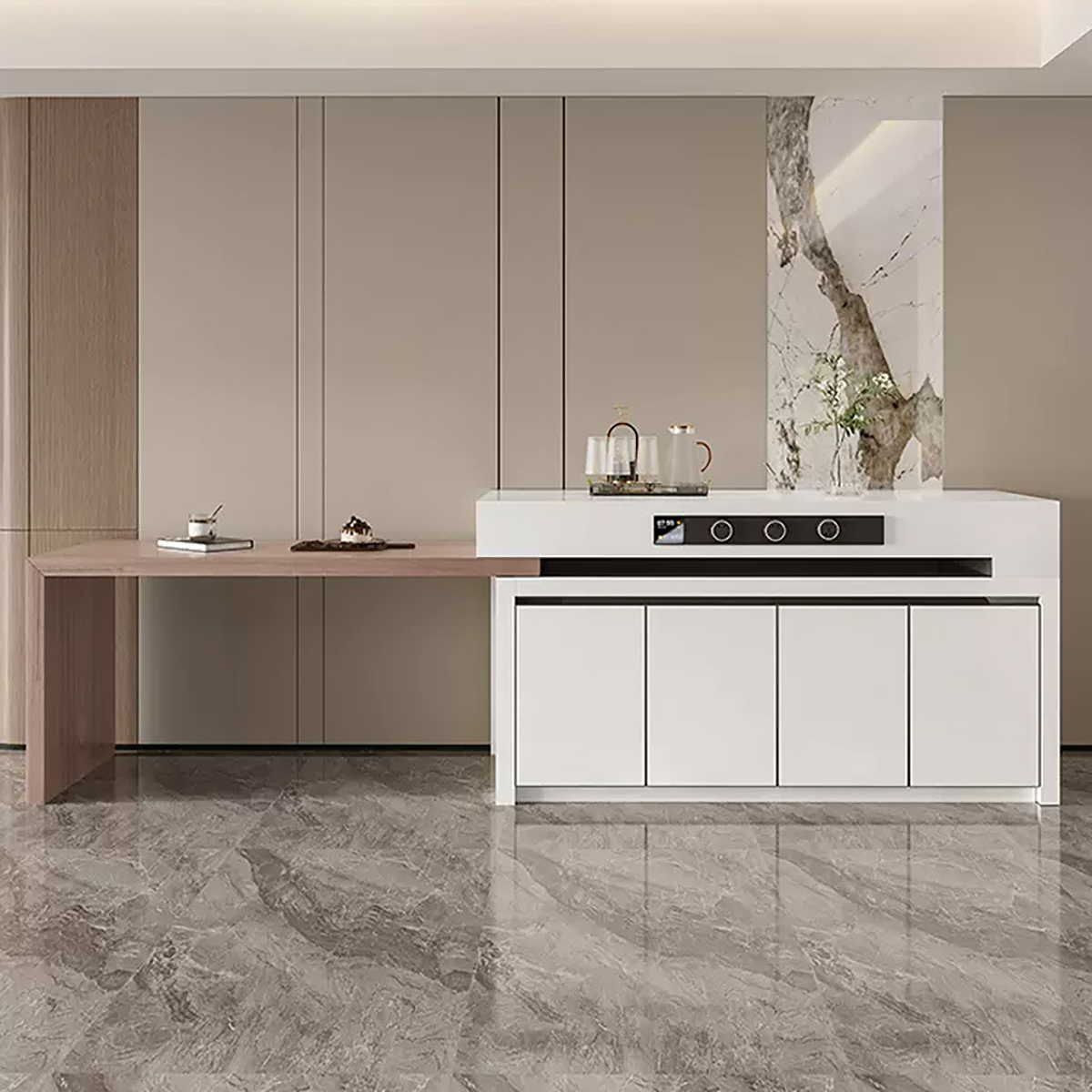 Rotating, Extendable, Flush-Mounted Sintered Stone Top Island Table IT-117