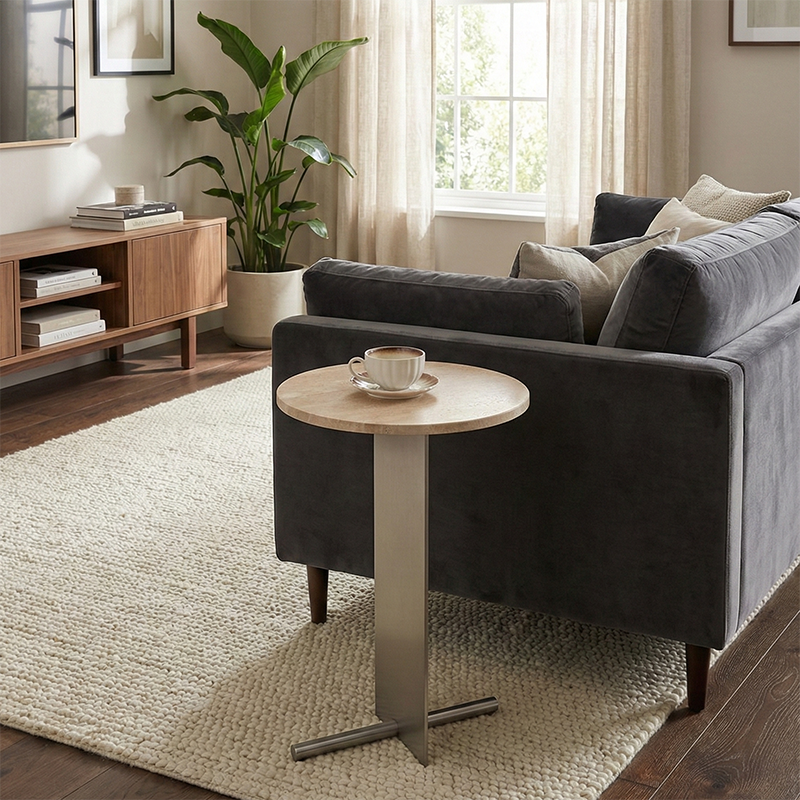 Stainless Steel &amp; Travertine Creative Round Side Table for Sofa or Bedside ST-103