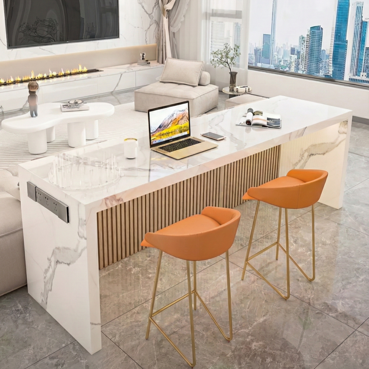 Marble-Patterned Sintered Stone Wall-Mounted Island &amp; Bar Table IT-111