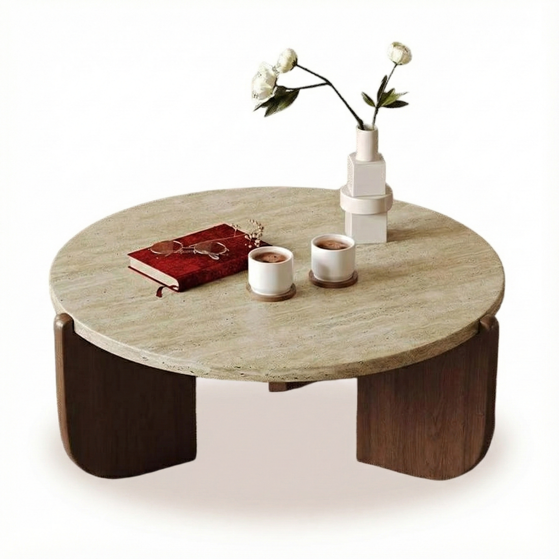 Round Travertine Marble Coffee Table for Small Living Spaces CT-102