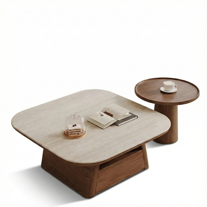 Mid-Century Modern Travertine Coffee Table: Minimalist Cream Stone Center Table with Integrated Storage Drawer CT-104