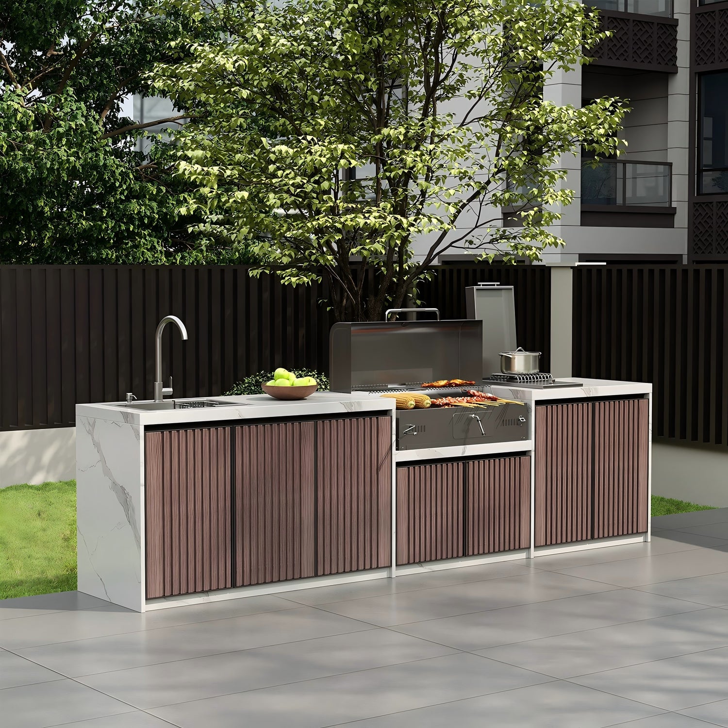 Villa Outdoor Kitchen Workstation Stone Countertop BBQ &amp; Sink with Aluminum Cabinets OKC-108