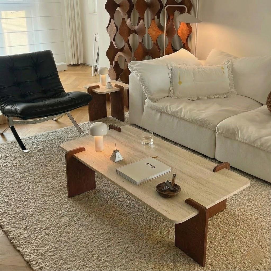 Interlocking Wood Design Sculptural Travertine Coffee Table CT-105